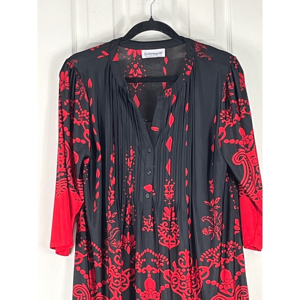 Serengeti‎ Black Red Damask Pleated Tunic Top 3/4 Sleeve Button Front goth